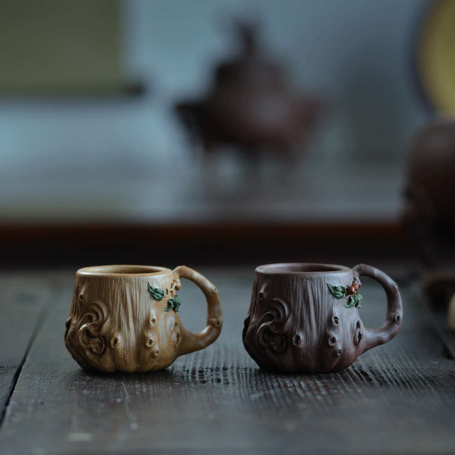 宜兴紫砂杯茶杯手工紫泥带把主人杯贴花梅桩树桩品茗杯子茶具配件