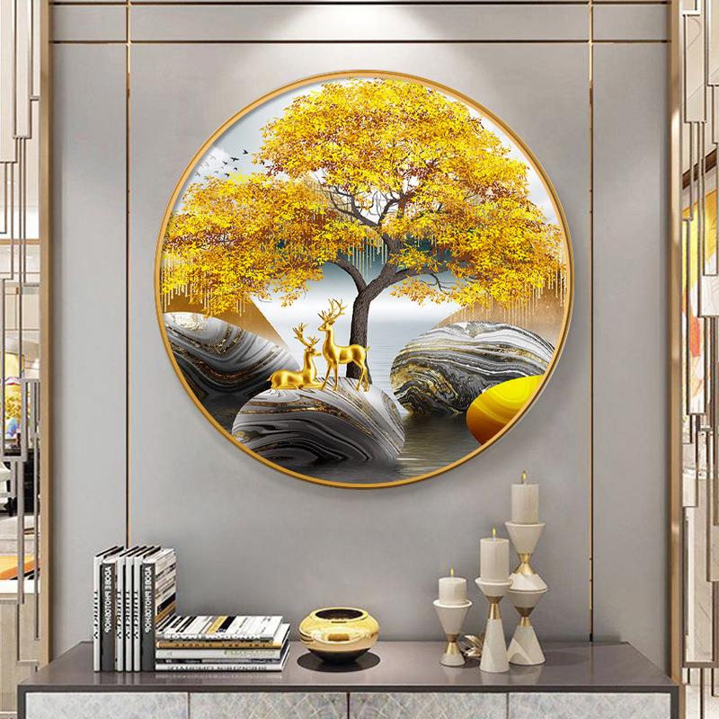 黄金树圆形装饰画现代简约餐厅挂画玄关入户轻奢新中式晶瓷画镶钻图片