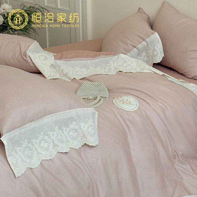 复古风超柔全棉双层纱四件套法式高定蕾丝边纯棉被套床品豆沙红色