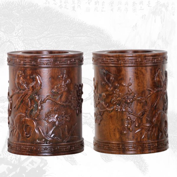 黑梓木木质毛笔笔筒 木雕八骏图梅花礼品文房摆件归纳毛笔用