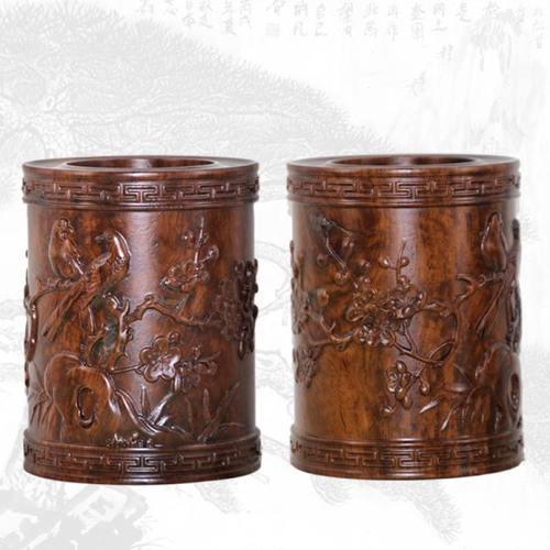 黑梓木木质毛笔笔筒 木雕八骏图梅花礼品文房摆件归纳毛笔用