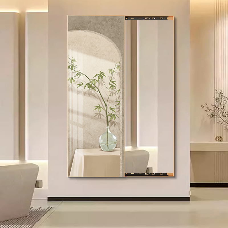 北欧风绿植隐藏h式推拉全身镜装饰画卧室穿衣镜可遮档玄关镜子挂