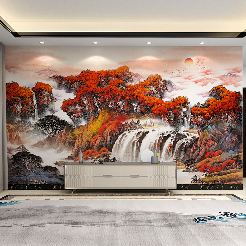墙纸定制新中式电视背景墙壁纸客厅F沙发装饰淡雅山水影视墙布壁