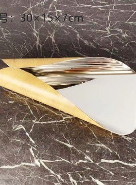 现代简约不锈钢几何卷边银色托盘D果盘摆件样板房售楼处软装饰品