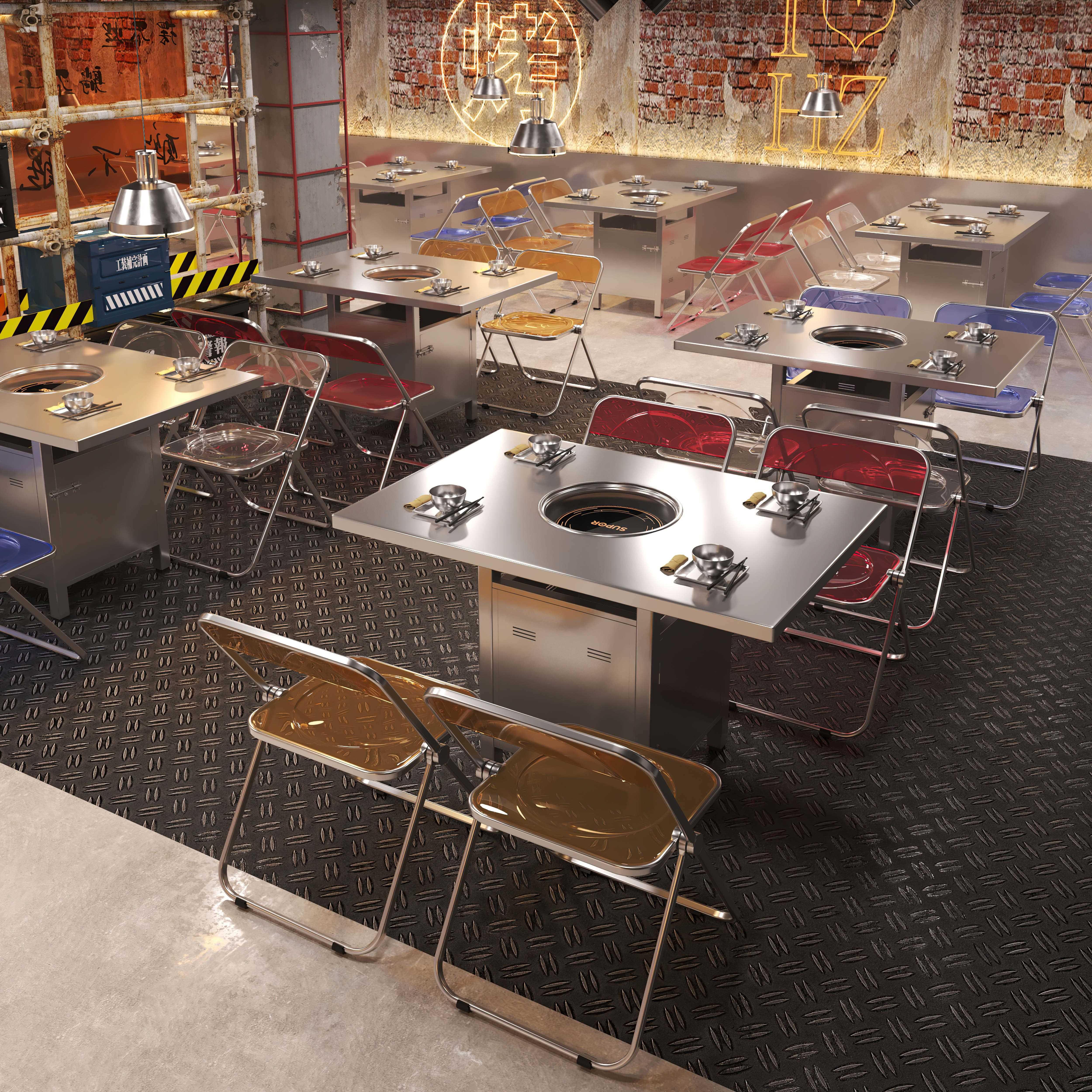 定制工业风火锅桌椅不锈钢烤肉无烟火锅电磁炉一体商用烧烤串桌椅