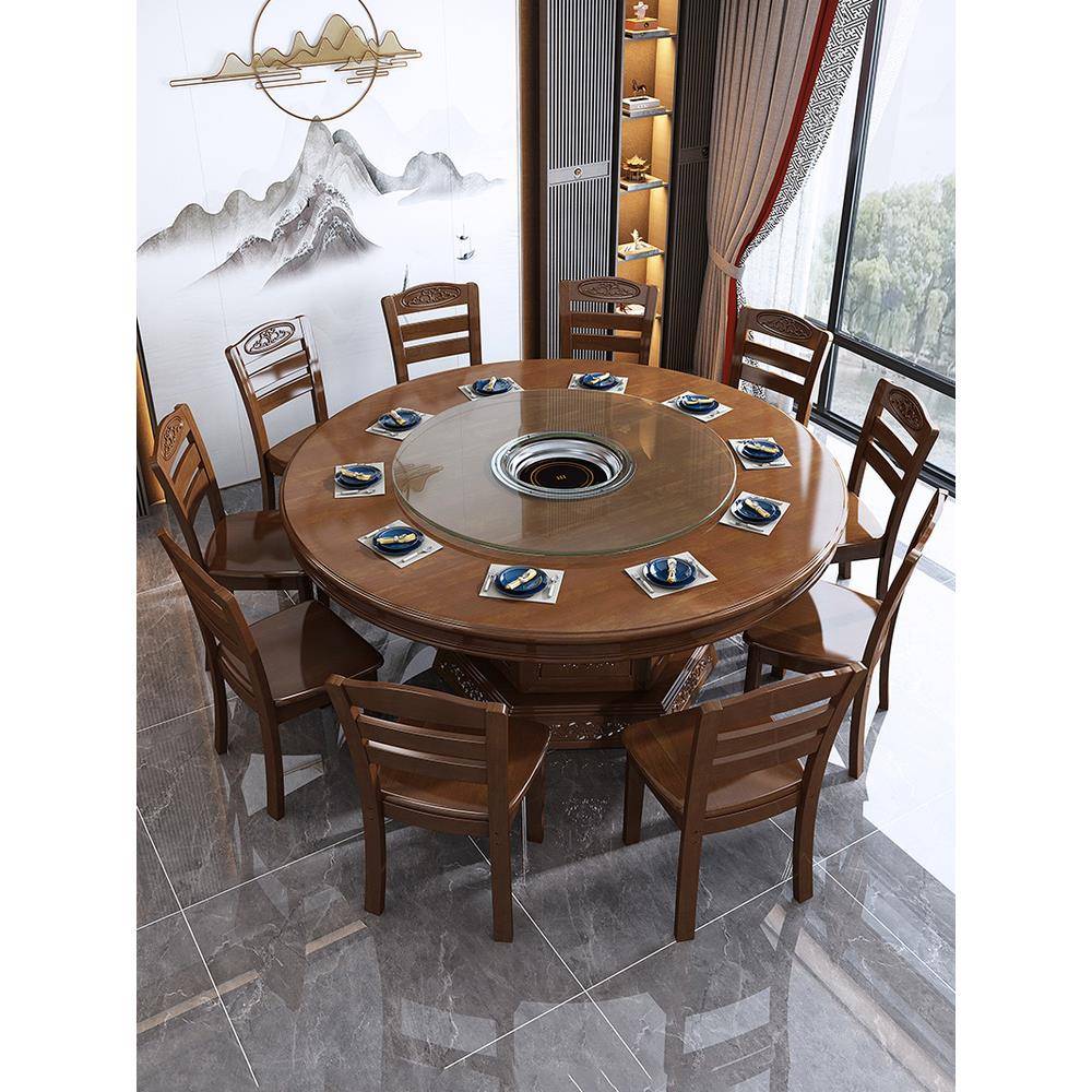 火锅店桌子带电磁炉下沉式一体商用饭店家用8/10人实木圆形餐桌椅