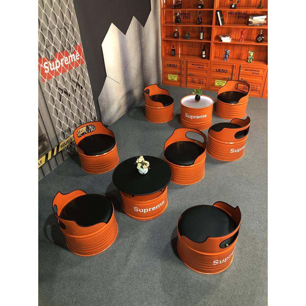 网红工业风油桶沙发酒吧卡座奶茶店办公室休息区铁艺茶几桌椅组合