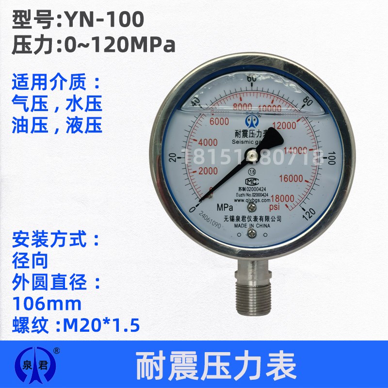 YN100/Z/T/ZT 120MPa径向带后边 轴向带边 耐震油压压力表