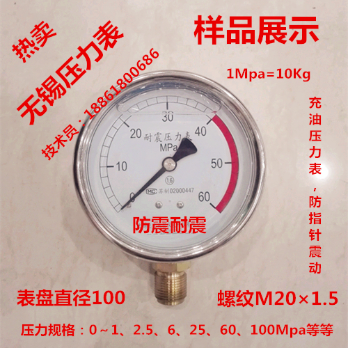 耐震压力表0~1/2.5/6/10/16/25/40/60Mpa/KG公斤表盘100充油表