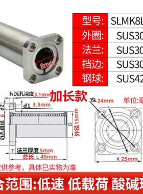 方法兰不锈钢直线轴承加长方形直线轴承SLMK8/10/13/16/20/50LGA