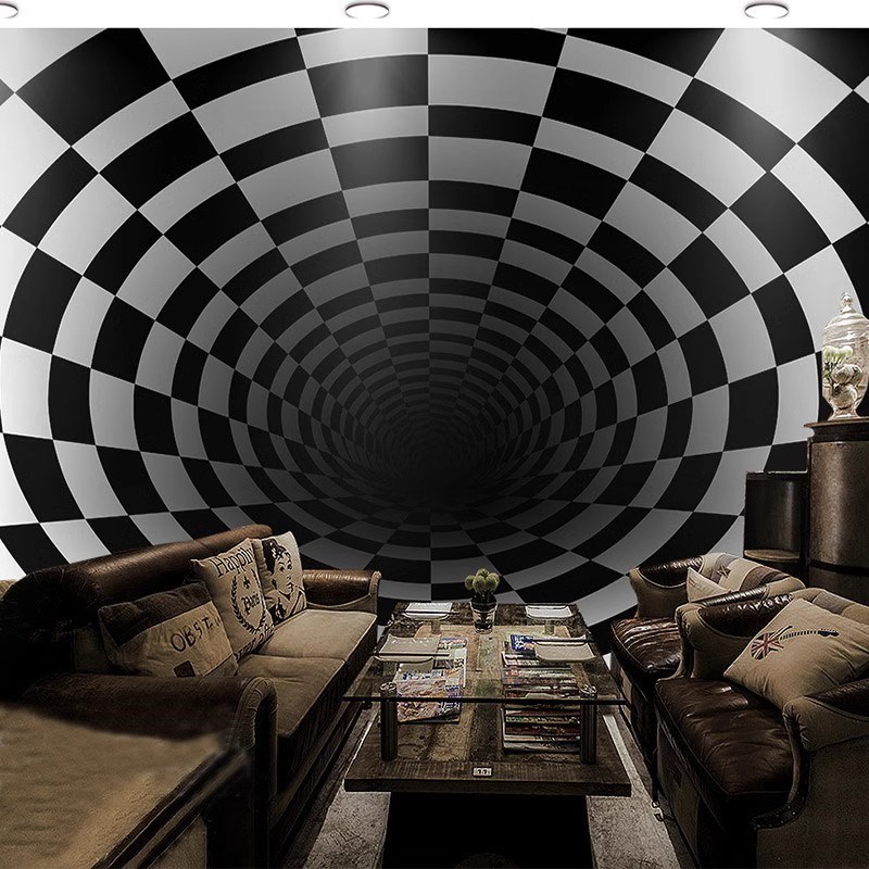 3d空间延伸视觉创意o壁纸黑白格子背景墙纸错觉感餐厅ktv酒吧墙布