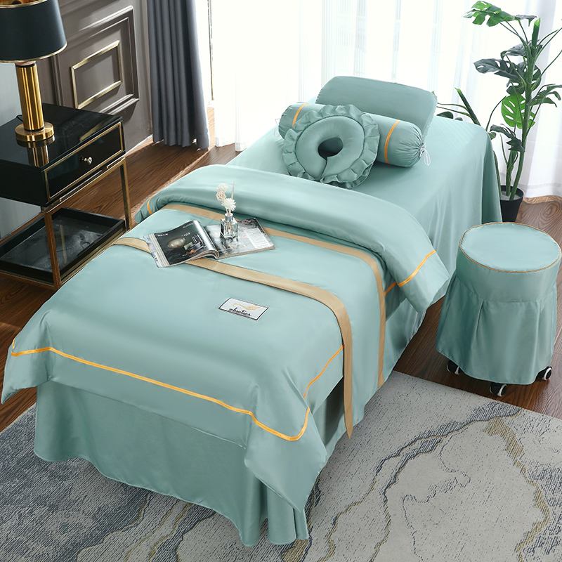 天丝新款美容床罩四件套q高档欧式美容院纯色按摩床罩奢华定制log