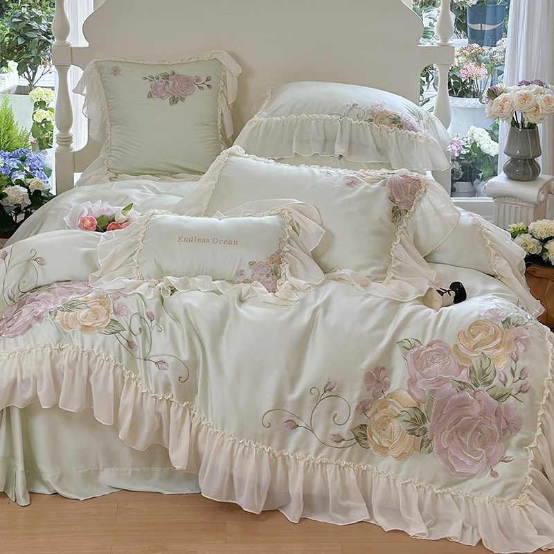 法式田园风100Sl天丝棉四件套被套床罩裸睡亲肤床单公主高级感床