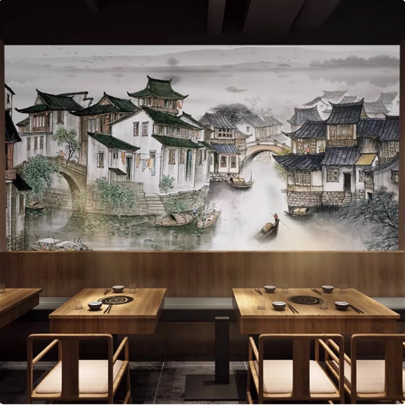 江南岭南水乡水墨壁纸古典江湖饭店背景墙布徽派S建筑火锅闽南壁