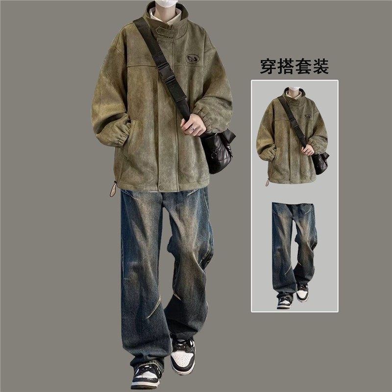 春秋美式复古翻领夹克男士秋冬季套装男生外套痞帅冬装潮流两件套,男装,休闲运动套装,淘宝优惠券,粉丝福利购,淘宝优惠卷