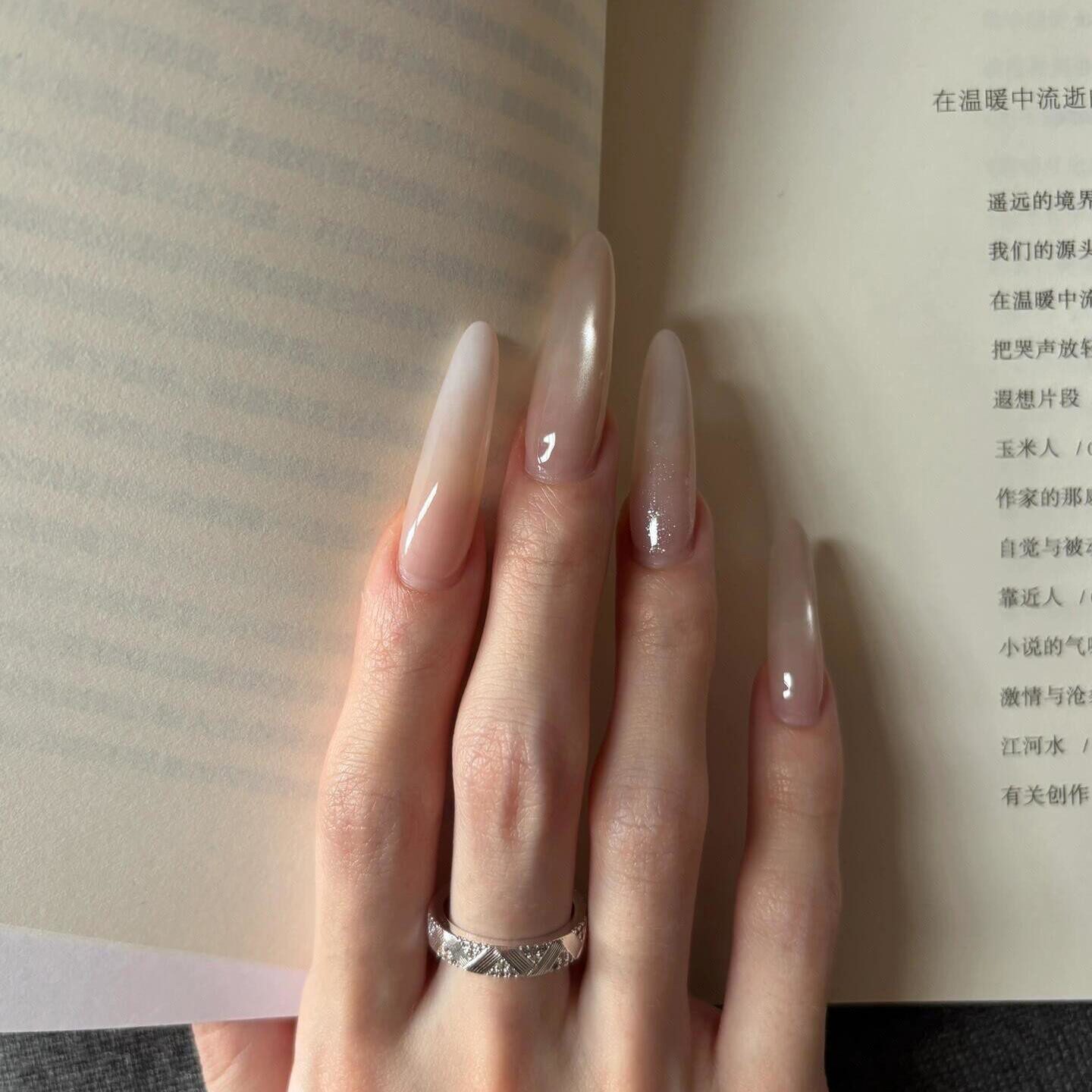 【白茶】春夏高级感显白裸色美女感十足渐变猫眼长款纯手工穿戴甲