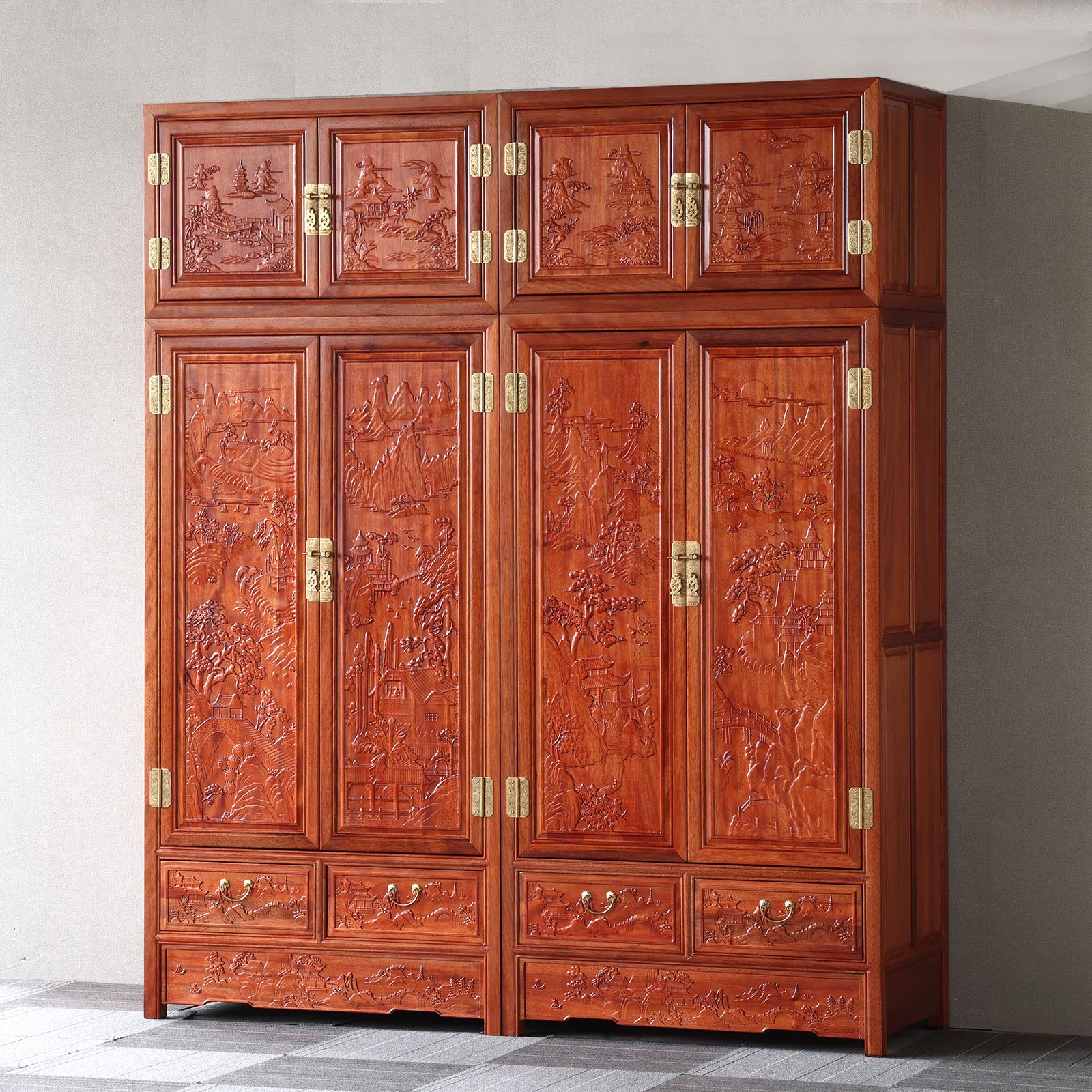 中式仿古家具实木顶箱柜金花梨木明清古典四门素面雕花衣橱大衣柜