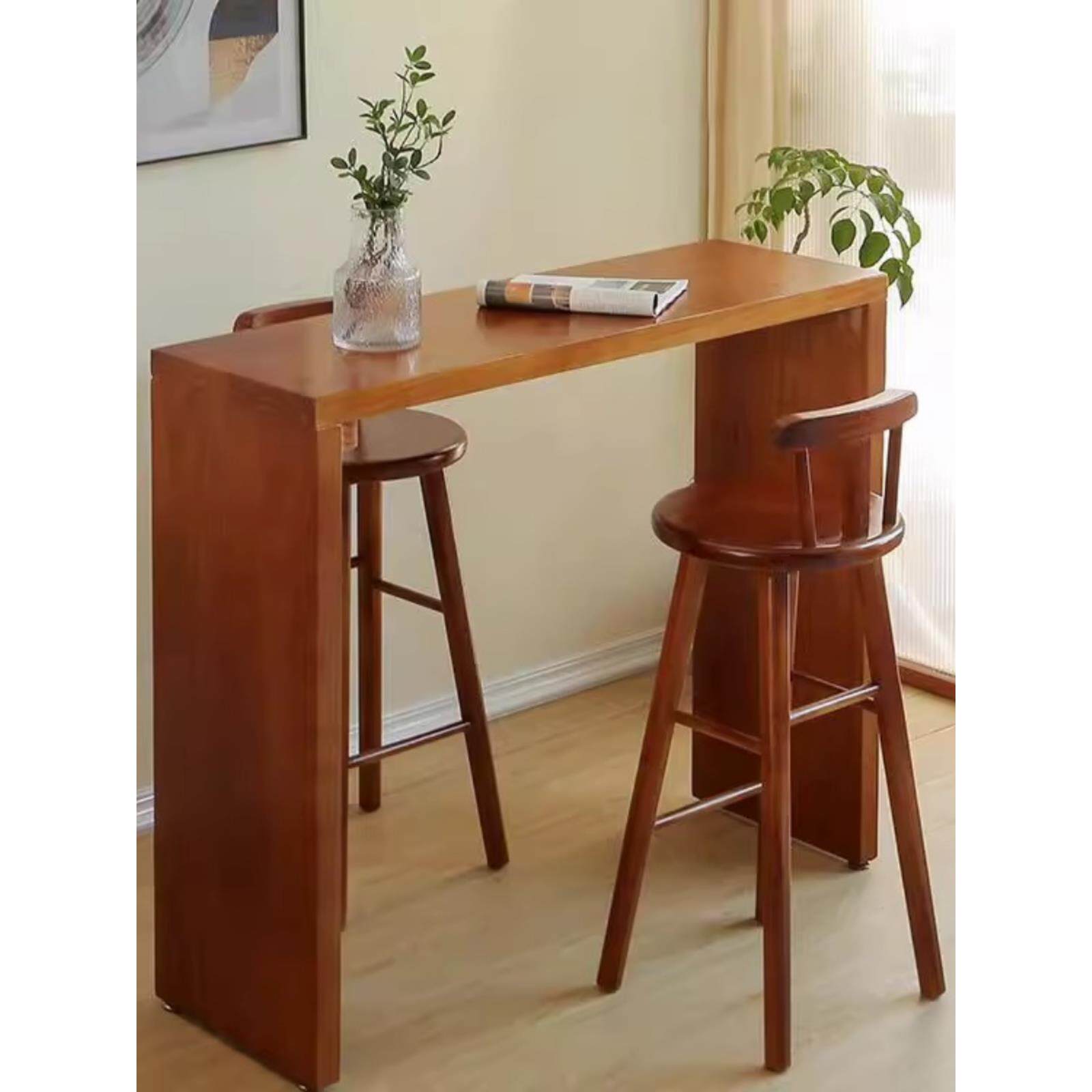 中古风实木吧台桌家用阳台靠墙高脚桌咖啡厅酒吧桌椅长条隔断窄吧