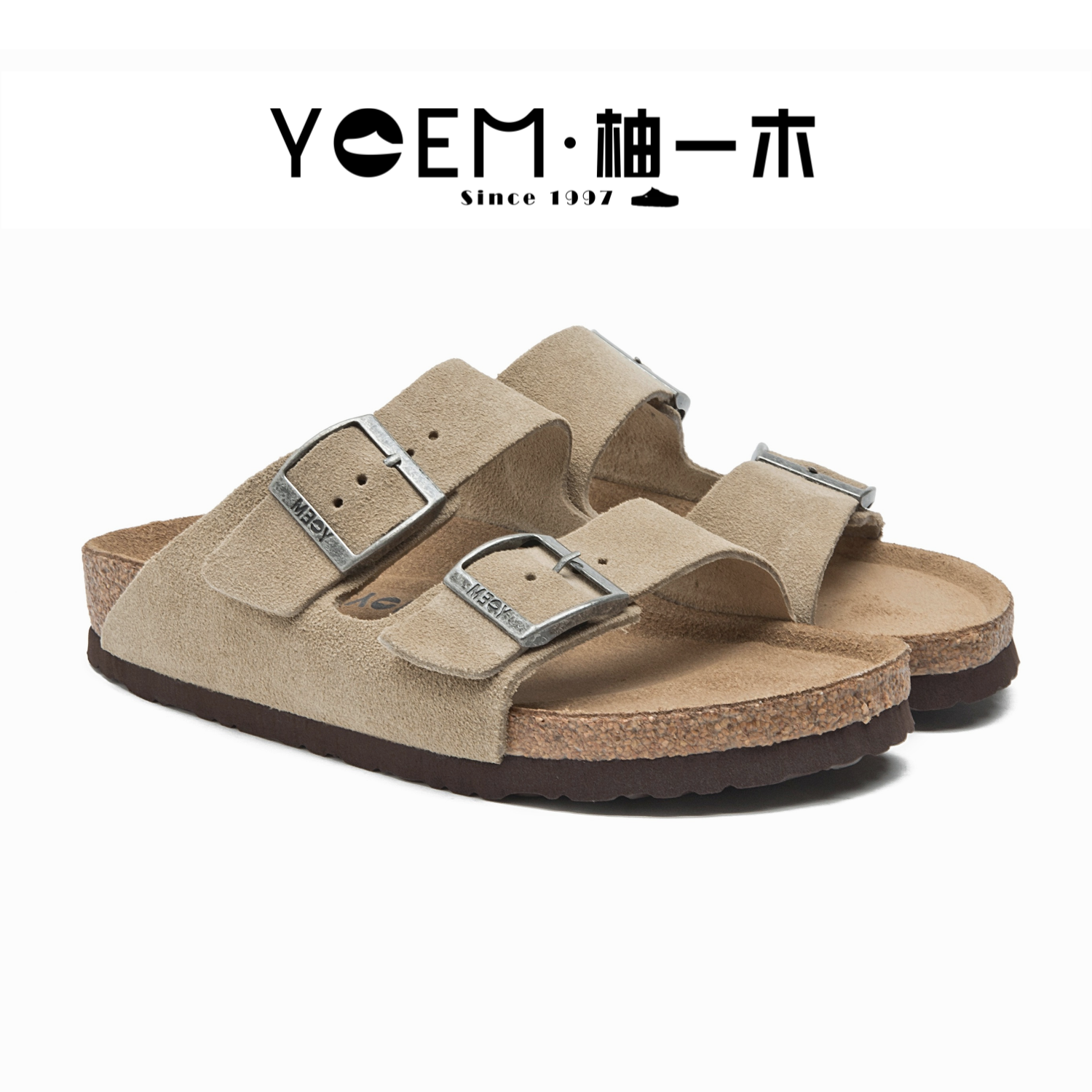 YOEM/柚一木真软木勃肯二字凉鞋男女同款夏天百搭真皮双排扣6108