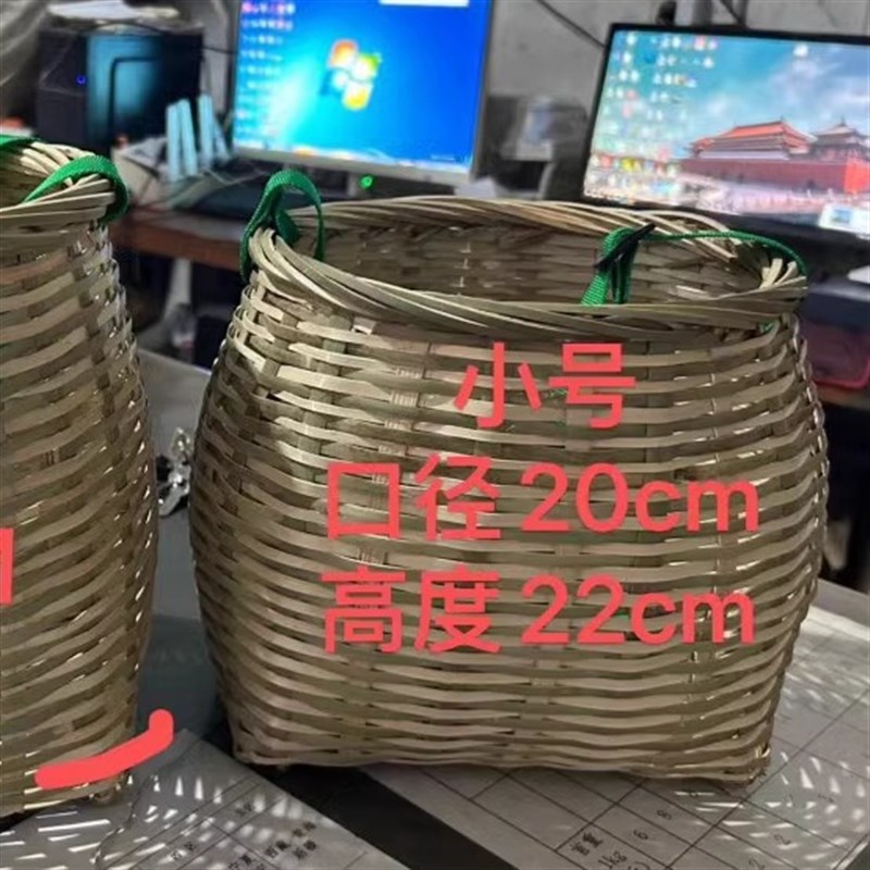竹编采茶篓斜挎侧背采摘竹t筐圆桶小号收纳筐表演道具竹背篓竹篮