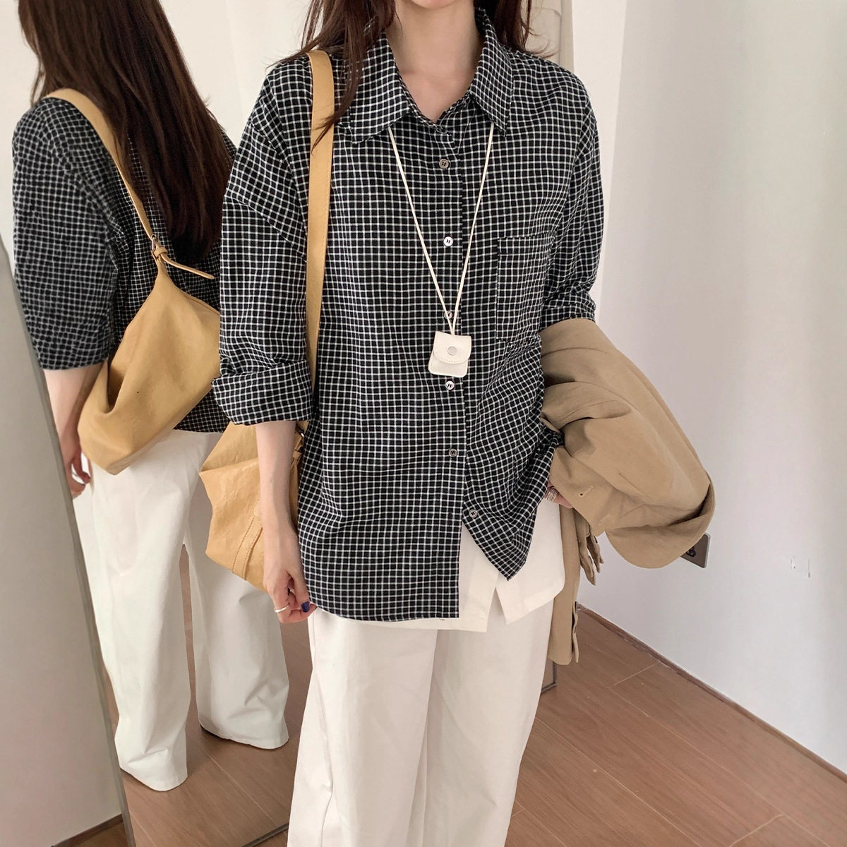 复古黑色格子长袖衬衫女2025秋季新款韩版慵懒风宽松休闲衬衣