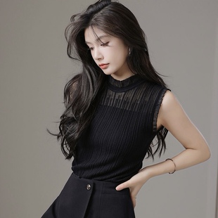 洋气蕾丝内搭无袖 法式 网纱半高领打底衫 花边领背心女夏季 上衣 时尚