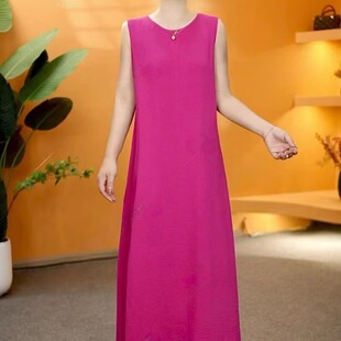 新款无袖圆领连衣裙夏季纯色宽松大码中长款高定气质显瘦