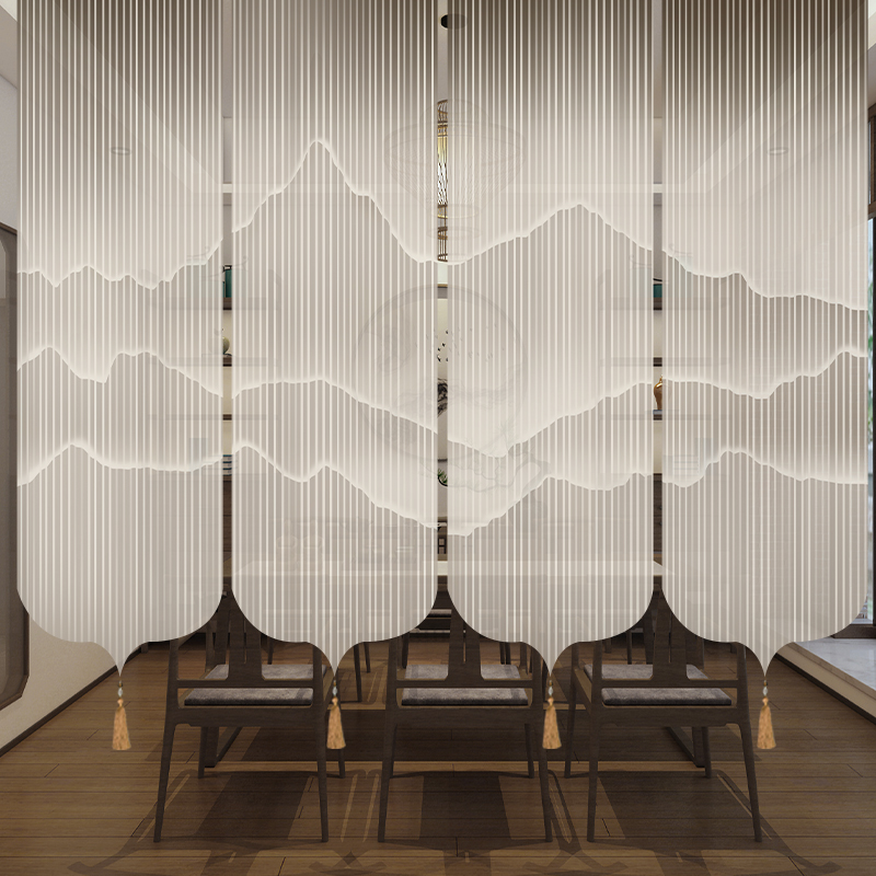 新中式茶室半透卷帘屏风中国风山水画电动软隔断窗帘遮Y光挂式纱