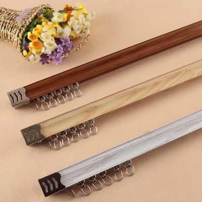 金属滑轮加厚木纹窗帘轨u道静音双轨塑料直轨窗帘杆顶装侧装导轨