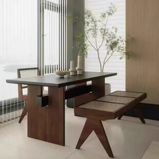 中古风侘寂实木餐桌家用大板长方形复古黑色客厅书桌茶桌一体两用