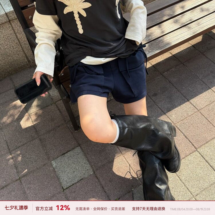 蝴蝶结工装A字短裤女五分裤