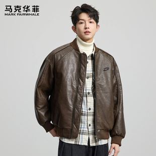 马克华菲皮衣羽绒服男加厚棒球领黑色休闲机车风外套潮