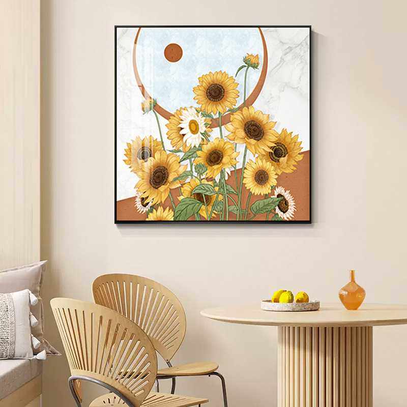 餐厅装饰画轻奢风格现代正方形向日葵挂画客厅背景墙温馨壁画