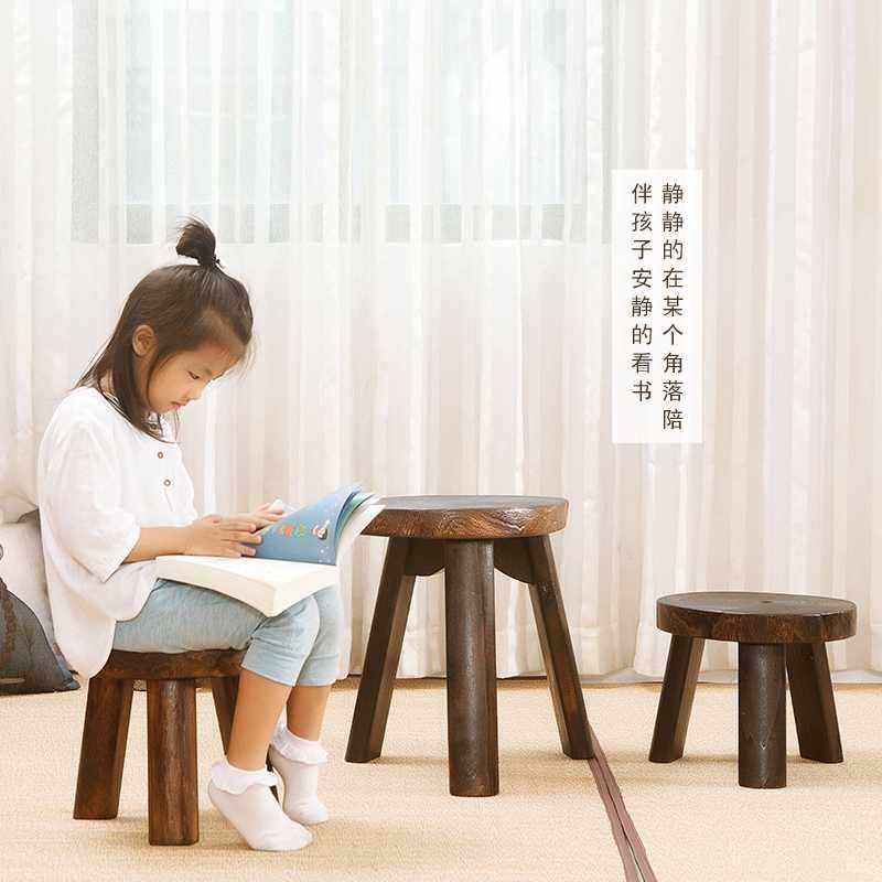 W8实木小凳子阳台小茶凳子圆凳复古矮凳子坐凳家用时尚三脚腿花盆
