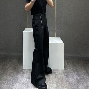 男垂感百搭宽松直筒休闲长裤 解构金j属链条拼接微喇西裤 美式 鹿鹿