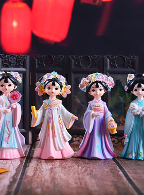 中式复古玲珑少女弹琴下棋看书画画吹笛抱猫打伞创意手工艺品摆件