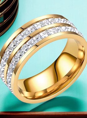 戒指男高级感个性时尚单排钻石男女戒指可转动网红V风情侣罗马风