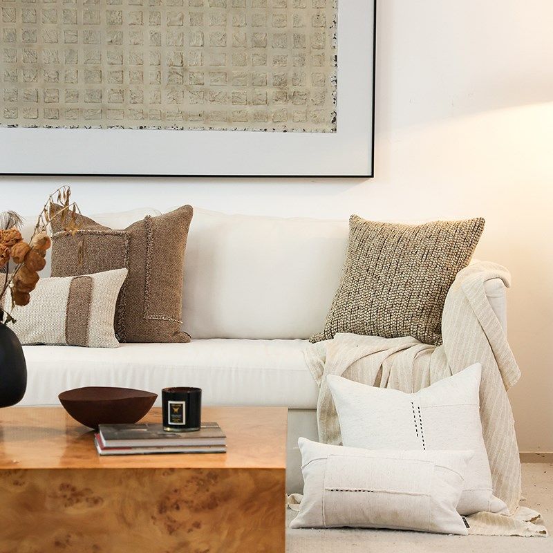 布在布艺现代时尚棕咖色调客厅沙发抱枕美拉德风靠垫腰枕流苏靠枕