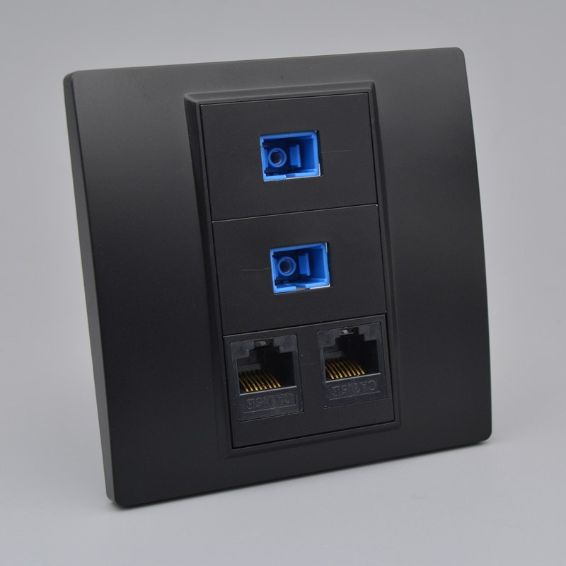 黑色光纤带网络面板两位SC法兰盘光纤口+两位电脑网线口插座