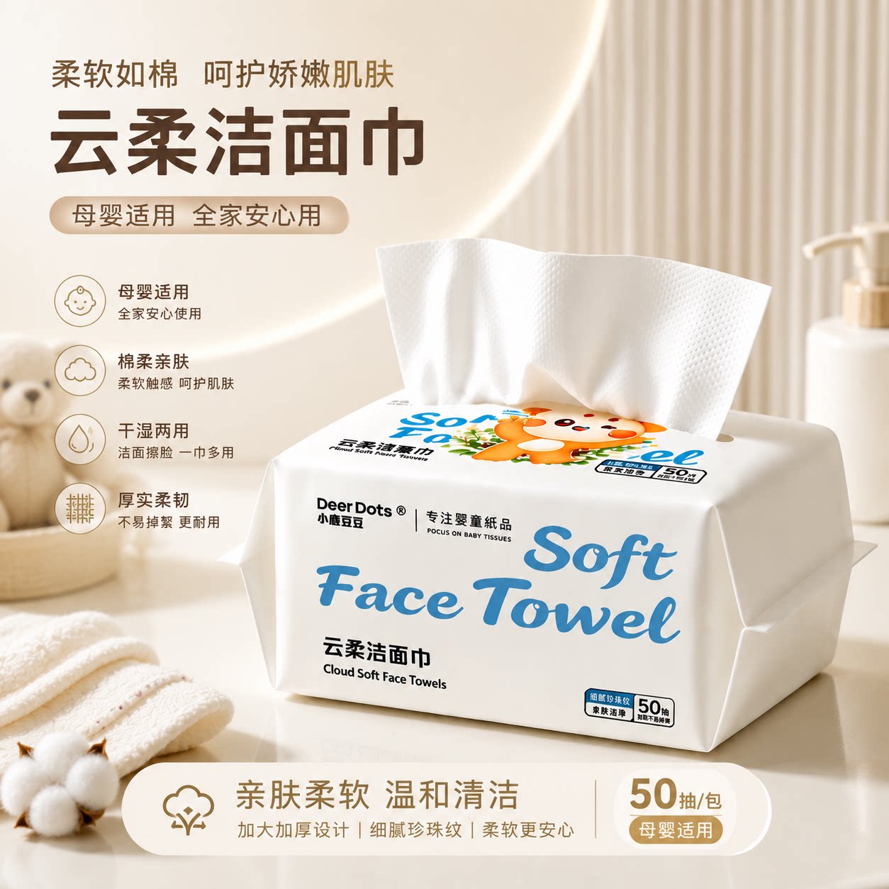 DeerDots母婴敏感肌适用洗脸巾无荧光温和清洁宝宝擦拭亲肤绵柔巾
