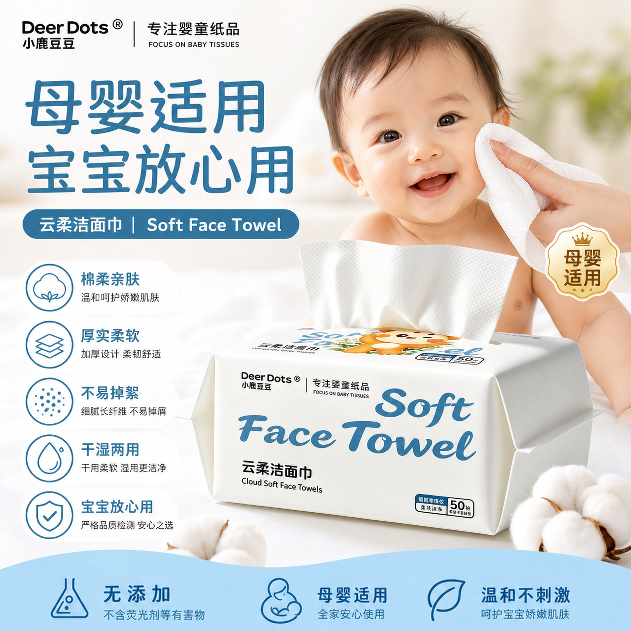 DeerDots云柔触感洗脸巾干湿两用无香味无刺激洁面擦脸护肤绵柔巾