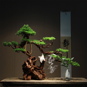 实木根雕风化木新中式禅意仿真迎客松摆件家居桌面玄关入户装饰品