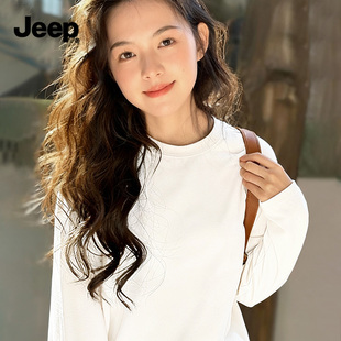 秋冬纯棉学生开衩圆领内搭打底衫 JEEP吉普白色长袖 t恤女2025新款