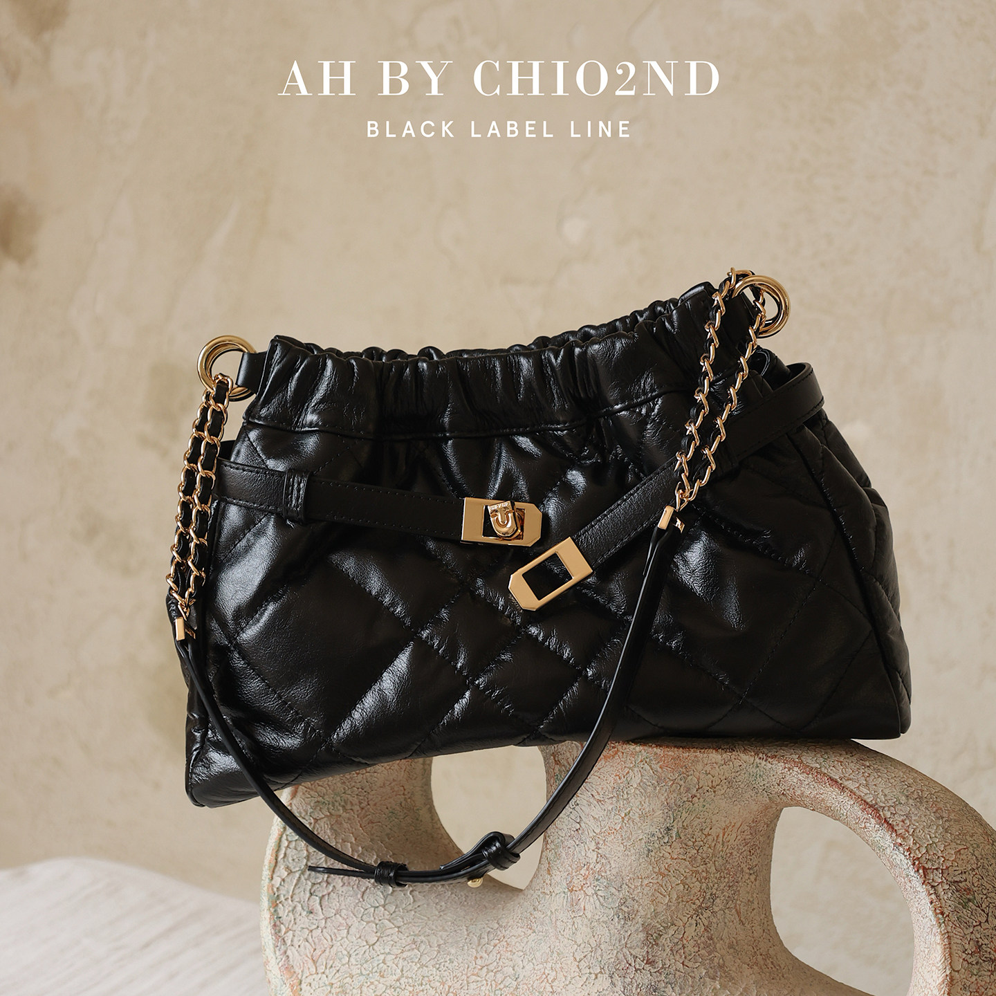 南风AH 高端系列真皮托特包 黑色菱格褶皱包包女款复古单肩斜挎包