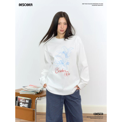 BESOBER原创花卉印花长袖t恤女秋季纯棉宽松休闲卫衣百搭韩系上衣