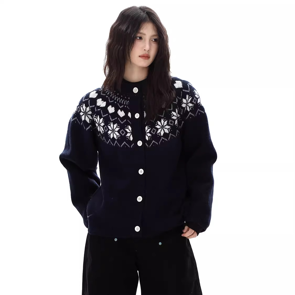 AFOEOT秋冬季美式复古费尔岛针织开衫毛衣男女休闲宽松慵懒风外套