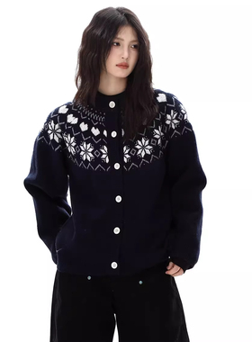 AFOEOT秋冬季美式复古费尔岛针织开衫毛衣男女休闲宽松慵懒风外套