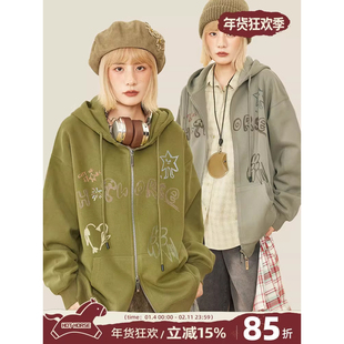 HOTHORSE火山马 原创设计感印花复古重磅连帽卫衣双拉链休闲外套