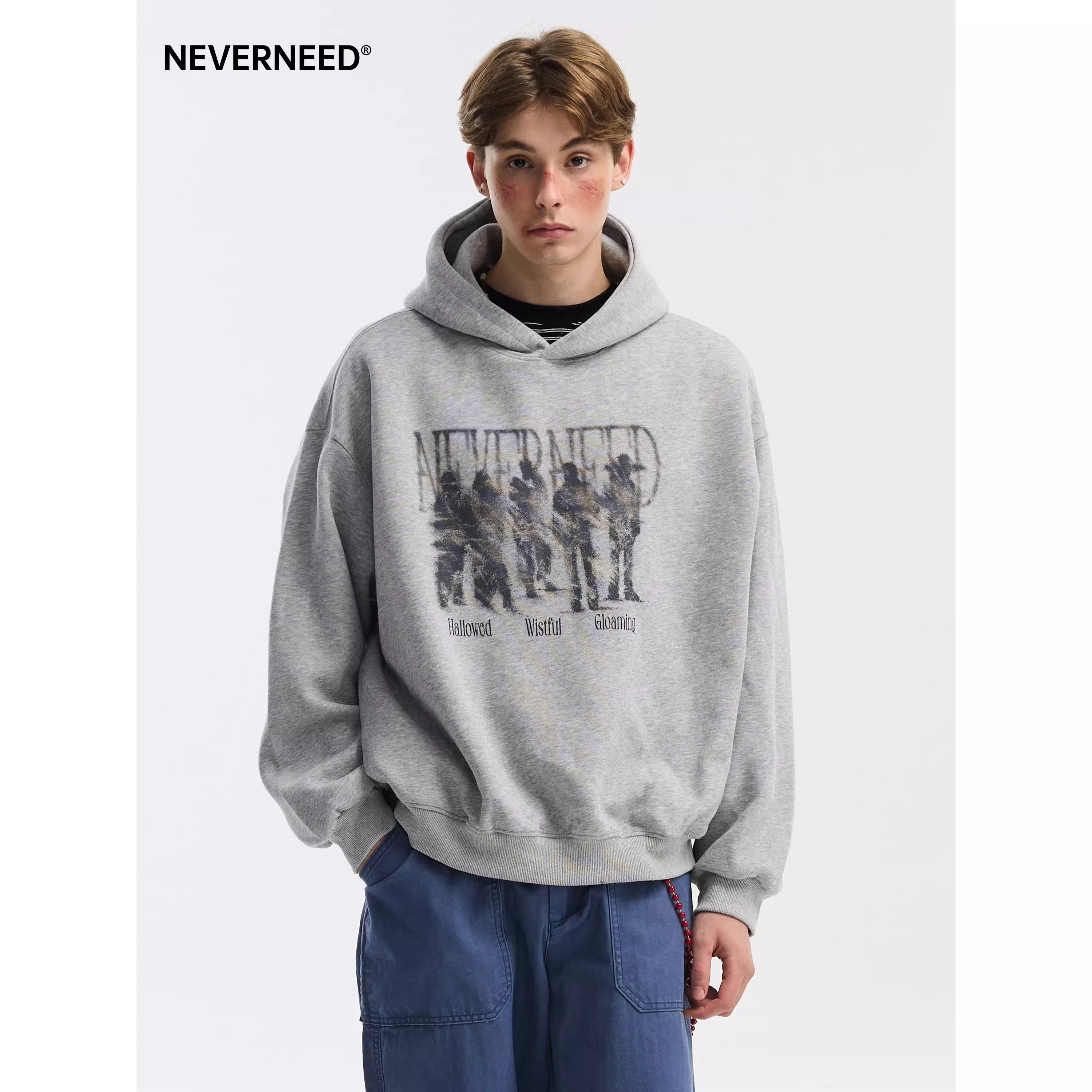 重磅 NEVERNEED模糊人像连帽卫衣男秋季美式boxy短款情侣套头上衣