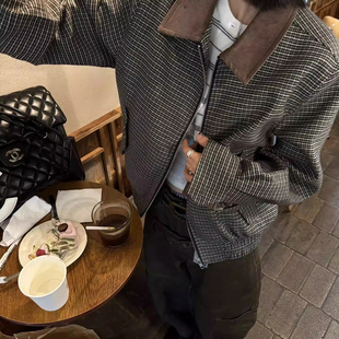 威尔士亲王老钱风上衣外套男女 灯芯绒领口 韩国 miu系千鸟格夹克